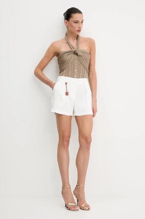 Elisabetta Franchi szorty lniane damskie kolor biały gładkie high waist SH01252E2 - zdjęcie produktu nr 2