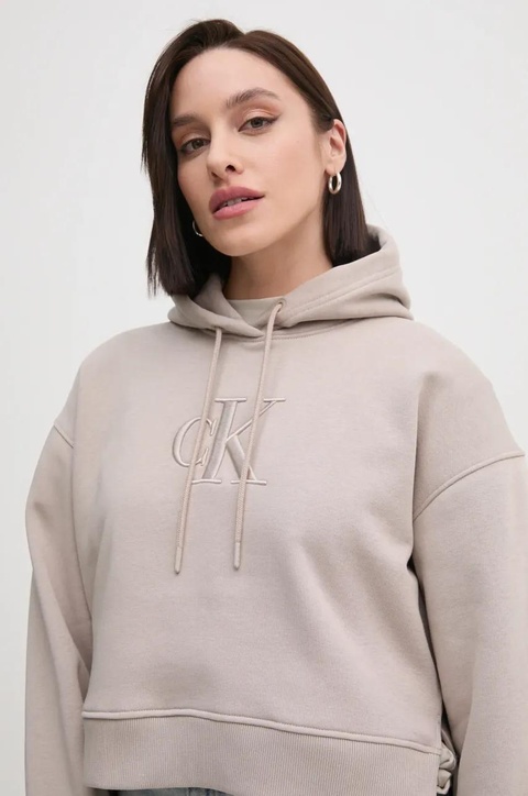 Calvin Klein Jeans bluza damska kolor beżowy z kapturem z aplikacją J20J224718 - zdjęcie produktu nr 2