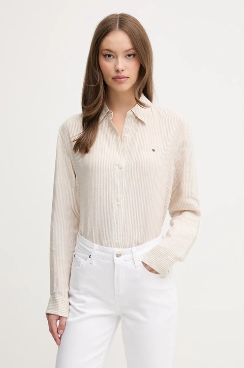 Tommy Hilfiger koszula lniana damska kolor beżowy relaxed z kołnierzykiem klasycznym WW0WW44679 - zdjęcie produktu nr 1
