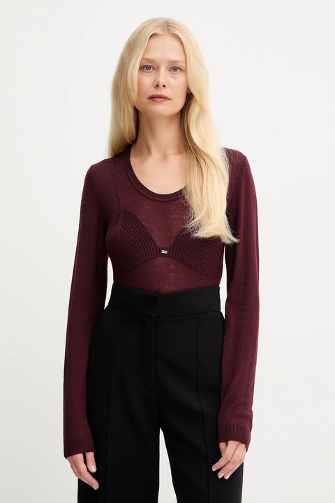 Elisabetta Franchi sweter z dodatkiem wełny damski kolor bordowy lekki MK35S57E2 - zdjęcie produktu nr 1