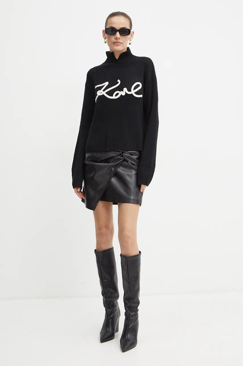 Karl Lagerfeld sweter wełniany damski kolor czarny ciepły z półgolfem 246W2000 - zdjęcie produktu nr 2