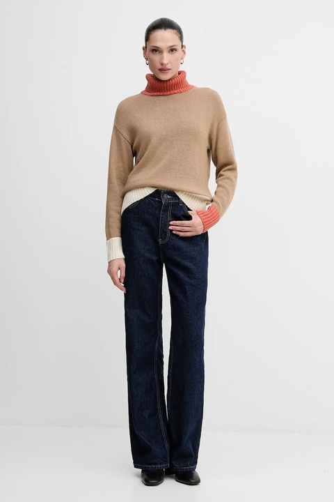 United Colors of Benetton sweter z dodatkiem wełny damski kolor beżowy z golfem 16YCE204I - zdjęcie produktu nr 2