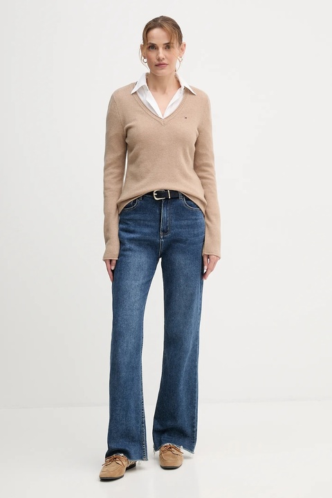 Tommy Hilfiger sweter wełniany damski kolor beżowy lekki WW0WW43505 - zdjęcie produktu nr 2