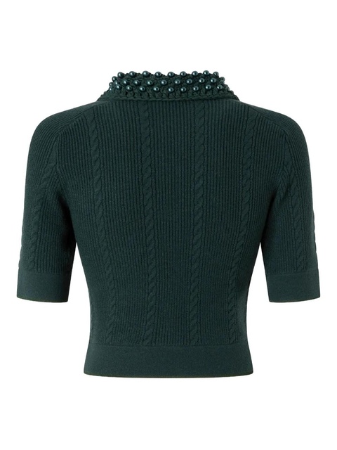PINKO cable-knit beaded-collar polo top - Green - zdjęcie produktu nr 2