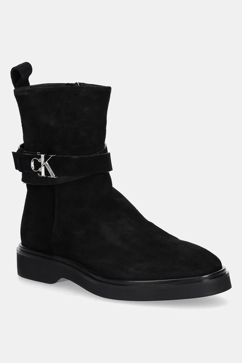 Calvin Klein botki zamszowe ANKLE BOOT W/ METAL LOGO SUE damskie kolor czarny na płaskim obcasie HW0HW02664 - zdjęcie produktu nr 1