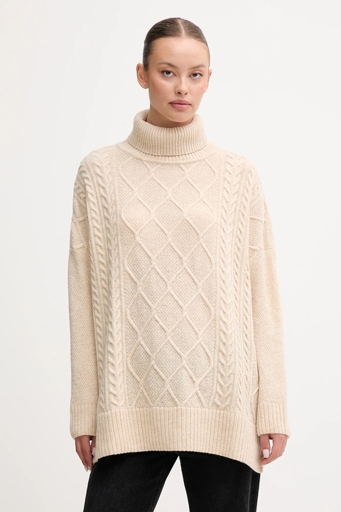 Barbour sweter z dodatkiem wełny damski kolor beżowy z golfem LKN1261 - zdjęcie produktu nr 1