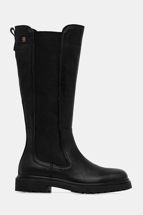 Tommy Hilfiger kozaki skórzane TH LTHR CLEATED LONG BOOT damskie kolor czarny na płaskim obcasie FW0FW08985 - zdjęcie produktu nr 1