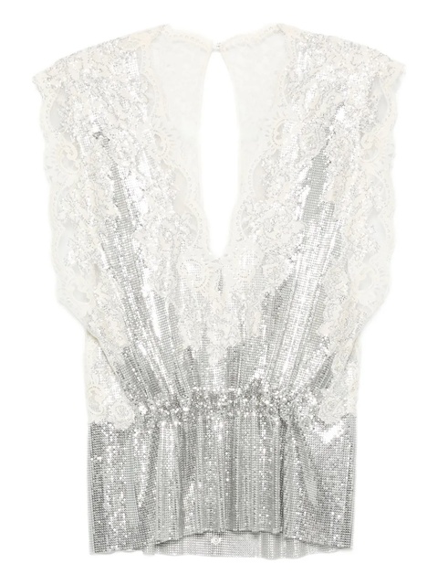 Rabanne lace-insert mesh gathered-waist top - Silver - zdjęcie produktu nr 1