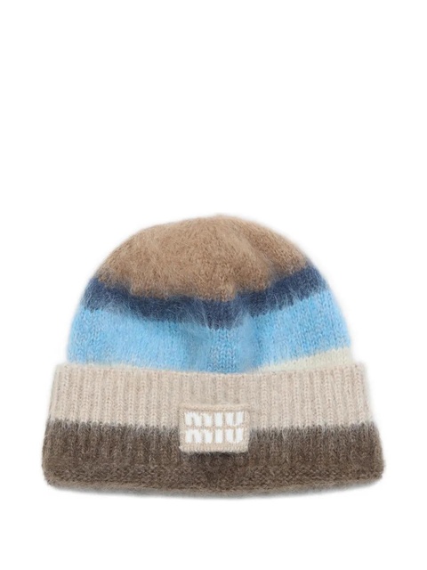 Miu Miu striped logo-patch beanie hat - Brown - zdjęcie produktu nr 1