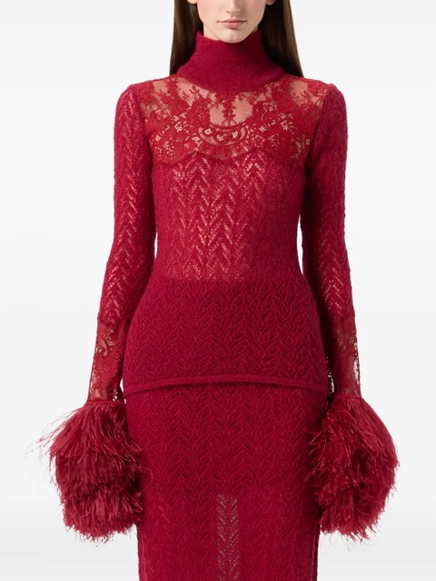 Blumarine feather-trimmed lace top - Red - zdjęcie produktu nr 2