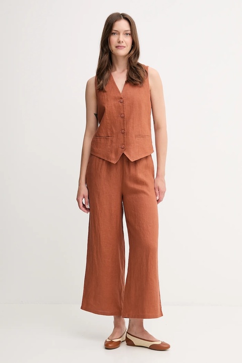United Colors of Benetton spodnie lniane damskie kolor brązowy proste high waist 4AGHDF09G - zdjęcie produktu nr 1