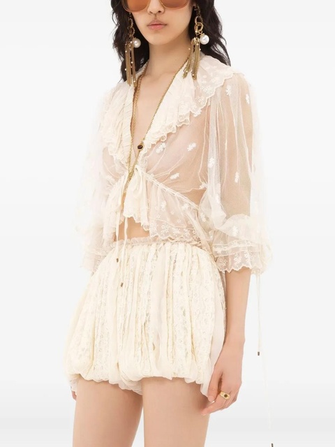 Chloé v-neck ruffled embroidery lace blouse - Neutrals - zdjęcie produktu nr 2