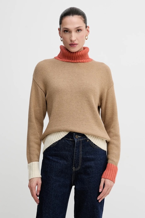 United Colors of Benetton sweter z dodatkiem wełny damski kolor beżowy z golfem 16YCE204I - zdjęcie produktu nr 1