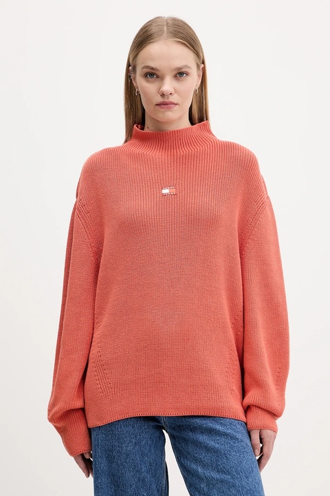 Tommy Jeans sweter bawełniany damski kolor pomarańczowy z półgolfem DW0DW21676 - zdjęcie produktu nr 1