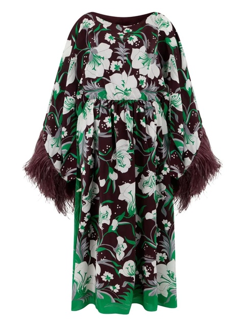 Valentino Garavani feather-trim floral dress - Brown - zdjęcie produktu nr 1