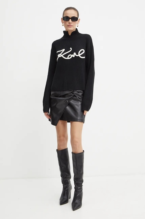Karl Lagerfeld sweter wełniany damski kolor czarny ciepły z półgolfem 246W2000 - zdjęcie produktu nr 2