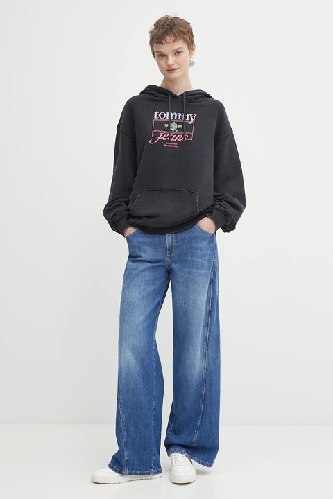 Tommy Jeans bluza bawełniana damska kolor czarny z kapturem z nadrukiem DW0DW22169 - zdjęcie produktu nr 2