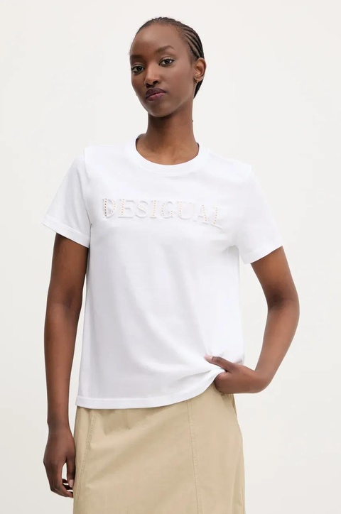 Desigual t-shirt bawełniany BRANDY damski kolor biały 25SWTK17 - zdjęcie produktu nr 1