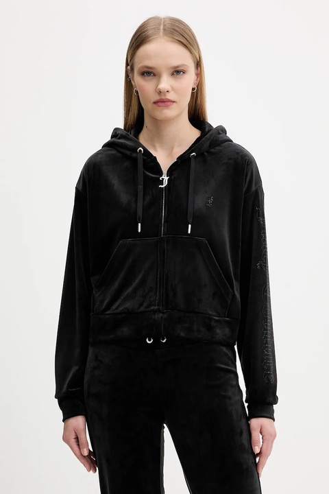 Juicy Couture bluza welurowa damska kolor czarny z kapturem gładka JCWAS225310 - zdjęcie produktu nr 1