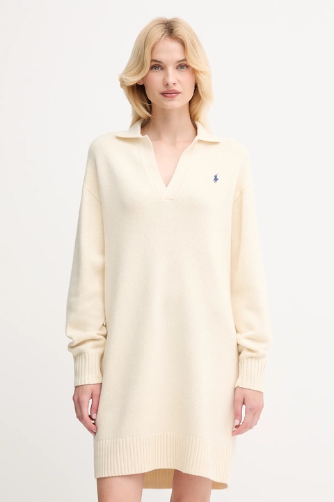 Polo Ralph Lauren sukienka z wełną kolor beżowy mini oversize 211A91143 - zdjęcie produktu nr 1