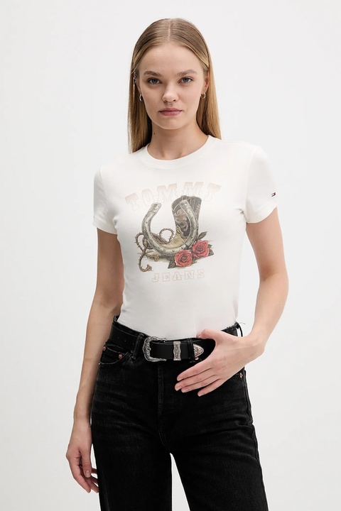 Tommy Jeans t-shirt bawełniany damski kolor beżowy DW0DW21788 - zdjęcie produktu nr 1