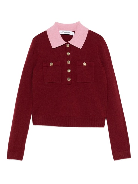 Self-Portrait contrast-collar polo top - Red - zdjęcie produktu nr 1