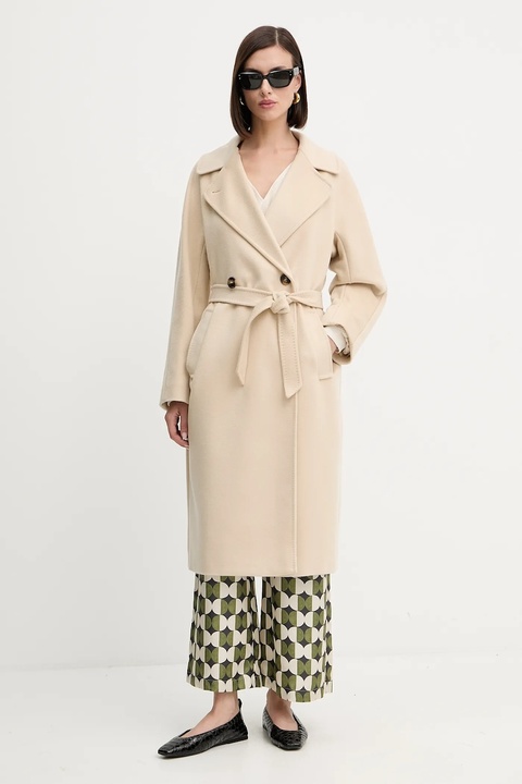 Weekend Max Mara płaszcz wełniany RESINA damski kolor beżowy przejściowy oversize 2525016031600 - zdjęcie produktu nr 2