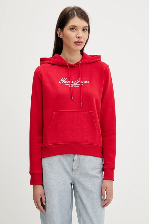 Guess Jeans bluza bawełniana damska kolor czerwony z kapturem z aplikacją W5YQ13 K68I4 - zdjęcie produktu nr 1