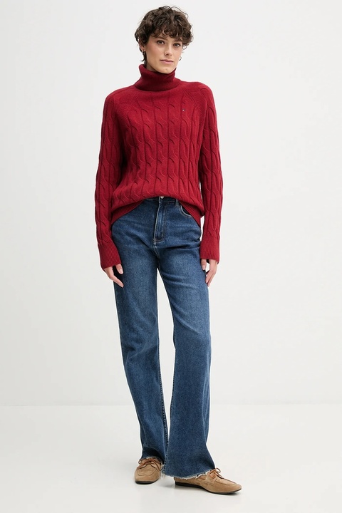 Tommy Hilfiger sweter wełniany damski kolor bordowy lekki z golfem WW0WW46791 - zdjęcie produktu nr 2