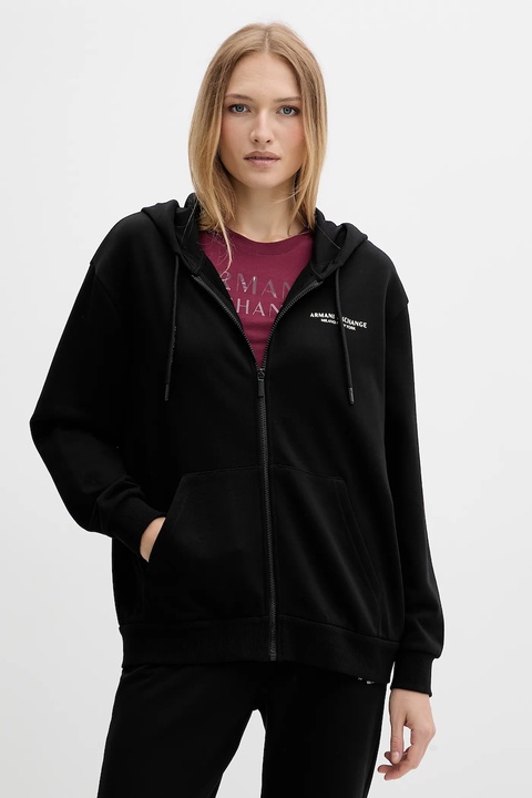 Armani Exchange bluza bawełniana damska kolor czarny z kapturem gładka XW001452 AF10830 - zdjęcie produktu nr 1
