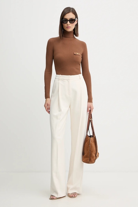 Elisabetta Franchi sweter z dodatkiem jedwabiu damski kolor brązowy lekki z golfem MK11B56E2 - zdjęcie produktu nr 2