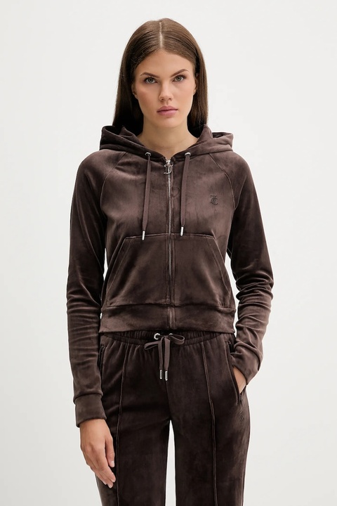 Juicy Couture bluza welurowa damska kolor brązowy z kapturem gładka JCWAS225306 - zdjęcie produktu nr 2