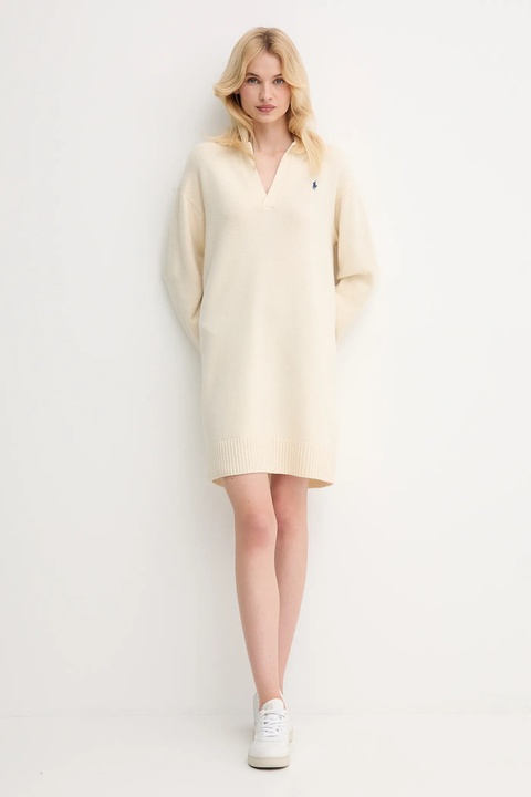 Polo Ralph Lauren sukienka z wełną kolor beżowy mini oversize 211A91143 - zdjęcie produktu nr 2