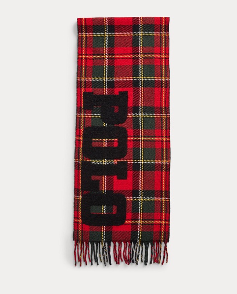 RALPH LAUREN - Czerwony szalik w kratę z frędzlami i logo - zdjęcie produktu nr 2