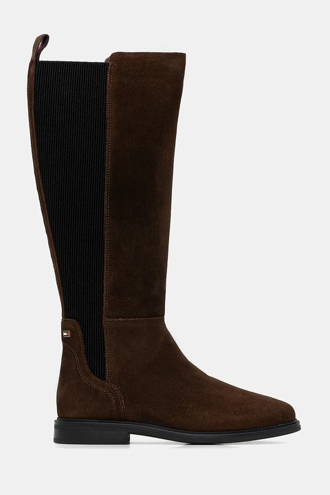 Tommy Hilfiger kozaki zamszowe FLAG SUEDE LONG BOOT damskie kolor brązowy na płaskim obcasie FW0FW08779 - zdjęcie produktu nr 1