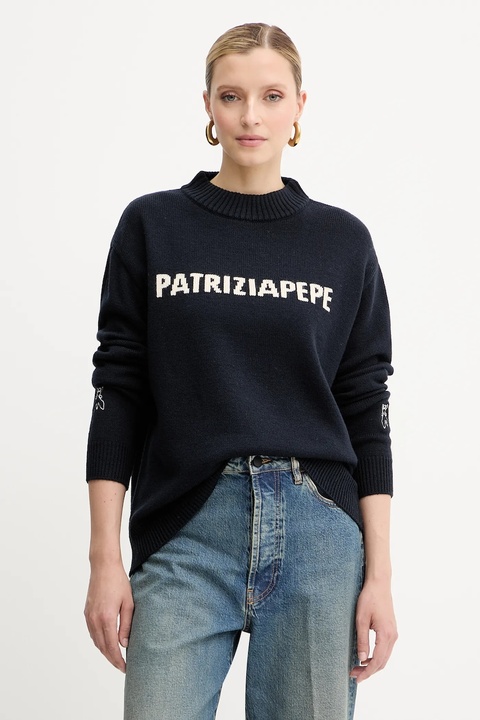 Patrizia Pepe sweter wełniany damski kolor granatowy z półgolfem 8K0335 K282 - zdjęcie produktu nr 1