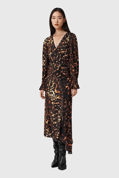 AllSaints sukienka z dodatkiem jedwabiu kolor brązowy midi rozkloszowana W102DD - zdjęcie produktu nr 2