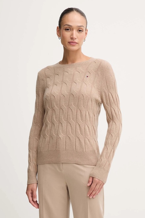 Tommy Hilfiger sweter wełniany damski kolor beżowy lekki WW0WW43586 - zdjęcie produktu nr 1