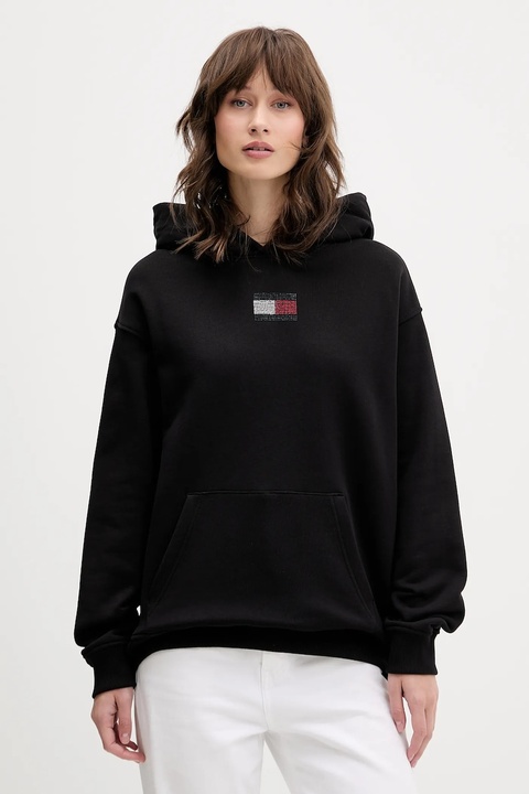 Tommy Jeans bluza bawełniana damska kolor czarny z kapturem z aplikacją DW0DW21605 - zdjęcie produktu nr 1
