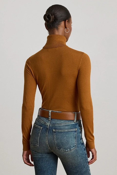 Lauren Ralph Lauren sweter z dodatkiem jedwabiu kolor brązowy z golfem 200940470 - zdjęcie produktu nr 2