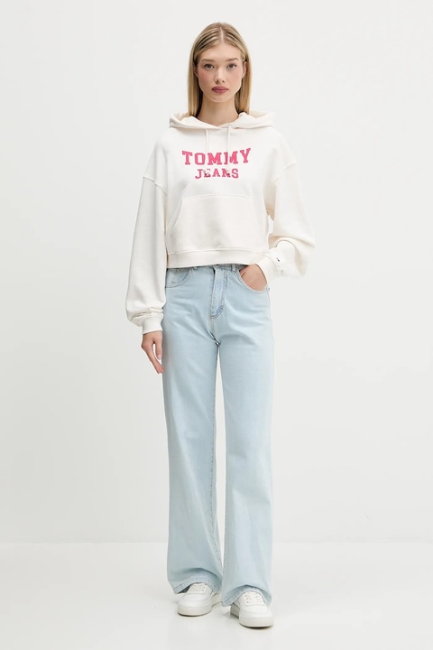Tommy Jeans bluza bawełniana damska kolor beżowy z kapturem z aplikacją DW0DW21598 - zdjęcie produktu nr 2