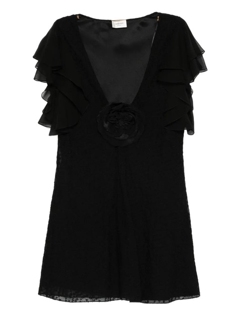 Saint Laurent flower-brooch mini dress - Black - zdjęcie produktu nr 1