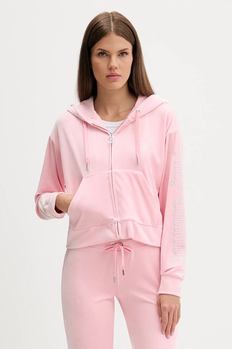 Juicy Couture bluza welurowa damska kolor różowy z kapturem gładka JCWAS225310 - zdjęcie produktu nr 1