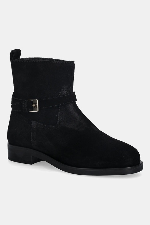 Tommy Hilfiger botki zamszowe TH BUCKLE RIDING SUEDE BOOTIE damskie kolor czarny na płaskim obcasie FW0FW09047 - zdjęcie produktu nr 1