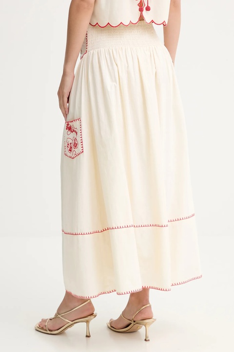 Never Fully Dressed spódnica bawełniana kolor beżowy midi rozkloszowana NFDSK650 - zdjęcie produktu nr 2
