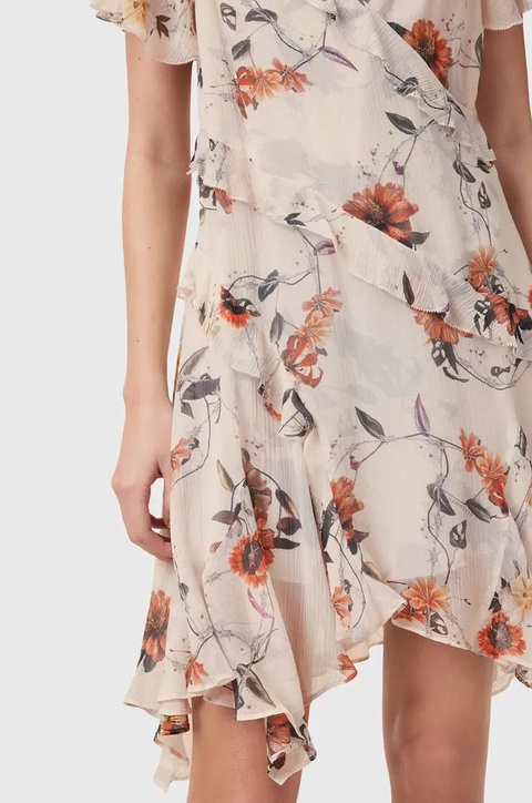 AllSaints sukienka z domieszką jedwabiu DARMA kolor beżowy mini prosta W018DC - zdjęcie produktu nr 2