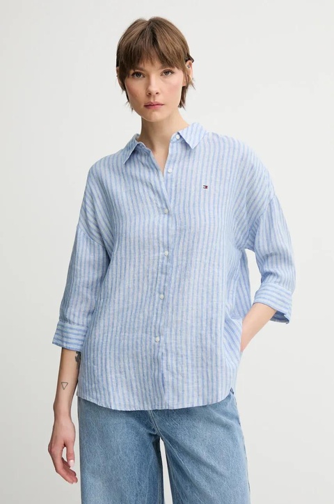 Tommy Hilfiger koszula lniana damska kolor niebieski relaxed z kołnierzykiem klasycznym WW0WW46169 - zdjęcie produktu nr 1