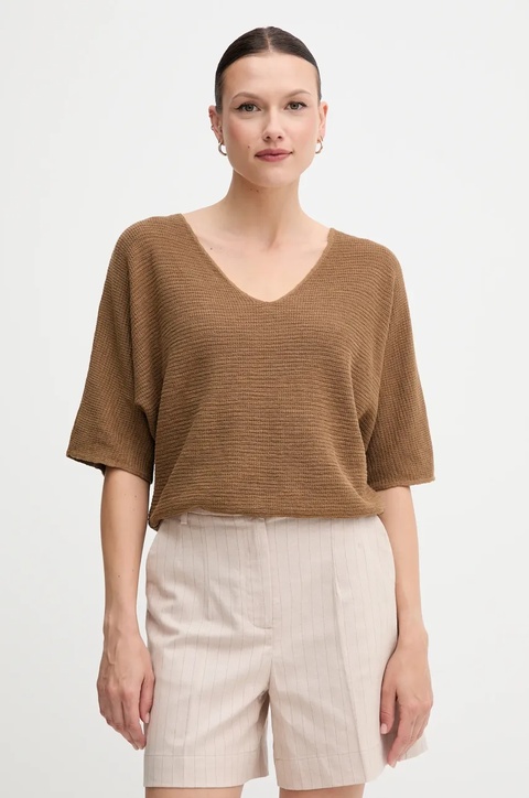 United Colors of Benetton sweter z domieszką lnu damskie kolor brązowy lekki 115GD10CS - zdjęcie produktu nr 1