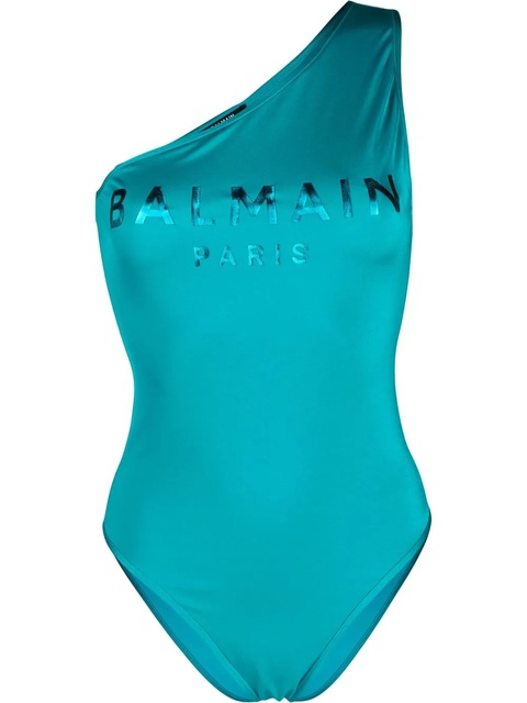 Balmain flocked-logo one-shoulder swimsuit - Blue - zdjęcie produktu nr 1