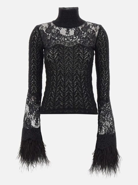 Blumarine lace-insert feather-cuff sweater - Black - zdjęcie produktu nr 1